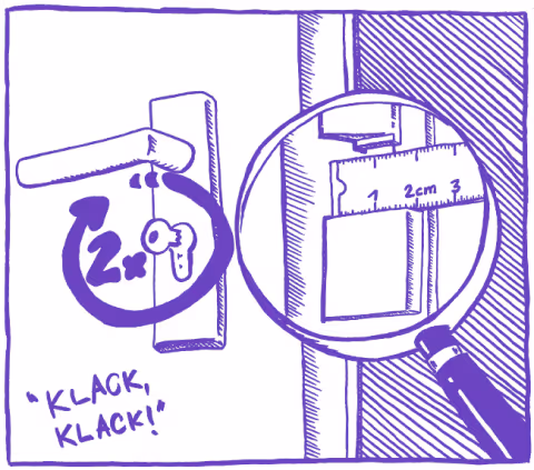 A detailed illustration showing a mechanical device with measurement markings and a magnifying glass highlighting its components, accompanied by the sound "KLACK!" indicating movement or action.